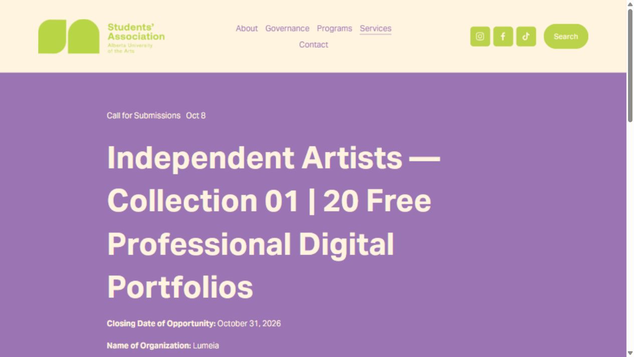 AUArts Students' Association listing showing its masthead and the Independent Artists Collection 01 headline
