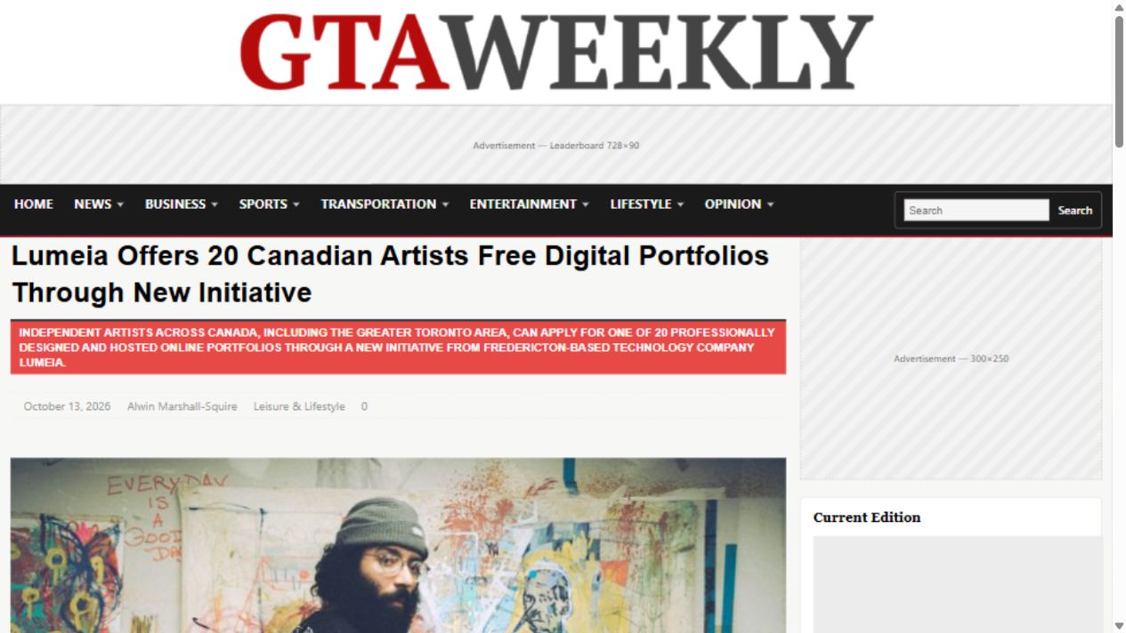 GTA Weekly article page showing its masthead, the Lumeia independent artists headline, and lead photograph