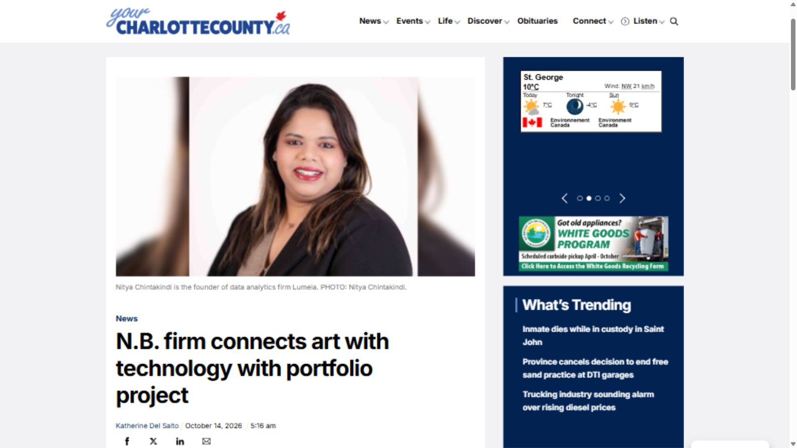 Your Charlotte County article page showing its masthead, lead photograph, and headline about Lumeia's portfolio project